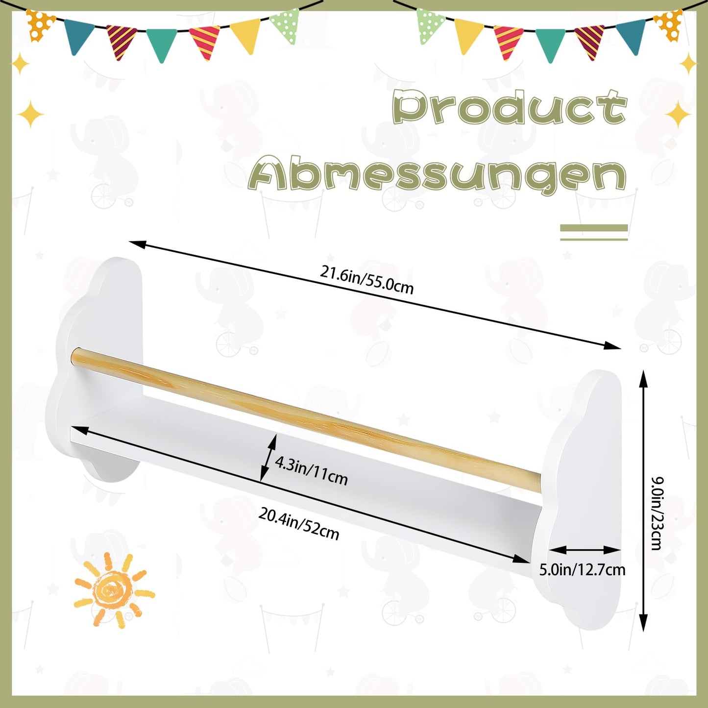 Ensemble d'étagères murales pour enfants WOLTU, 3 pièces - en forme de nuage - MDF blanc avec barre en pin - 3 compartiments ouverts