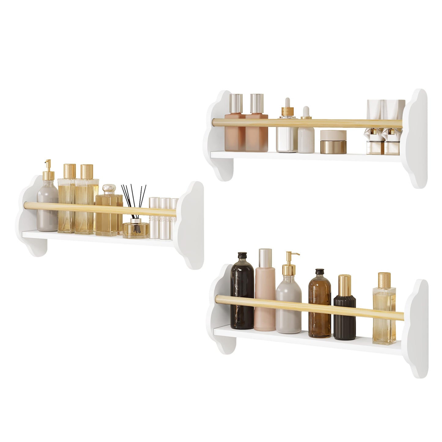 Ensemble d'étagères murales pour enfants WOLTU, 3 pièces - en forme de nuage - MDF blanc avec barre en pin - 3 compartiments ouverts