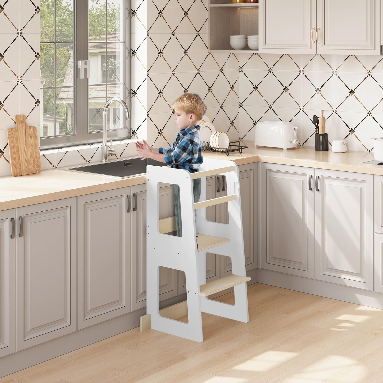 Tour d'apprentissage WOLTU Montessori - tour de cuisine pour les enfants à partir de 1 an - avec dispositif anti-chute - MDF et bois massif - blanc et couleur bois