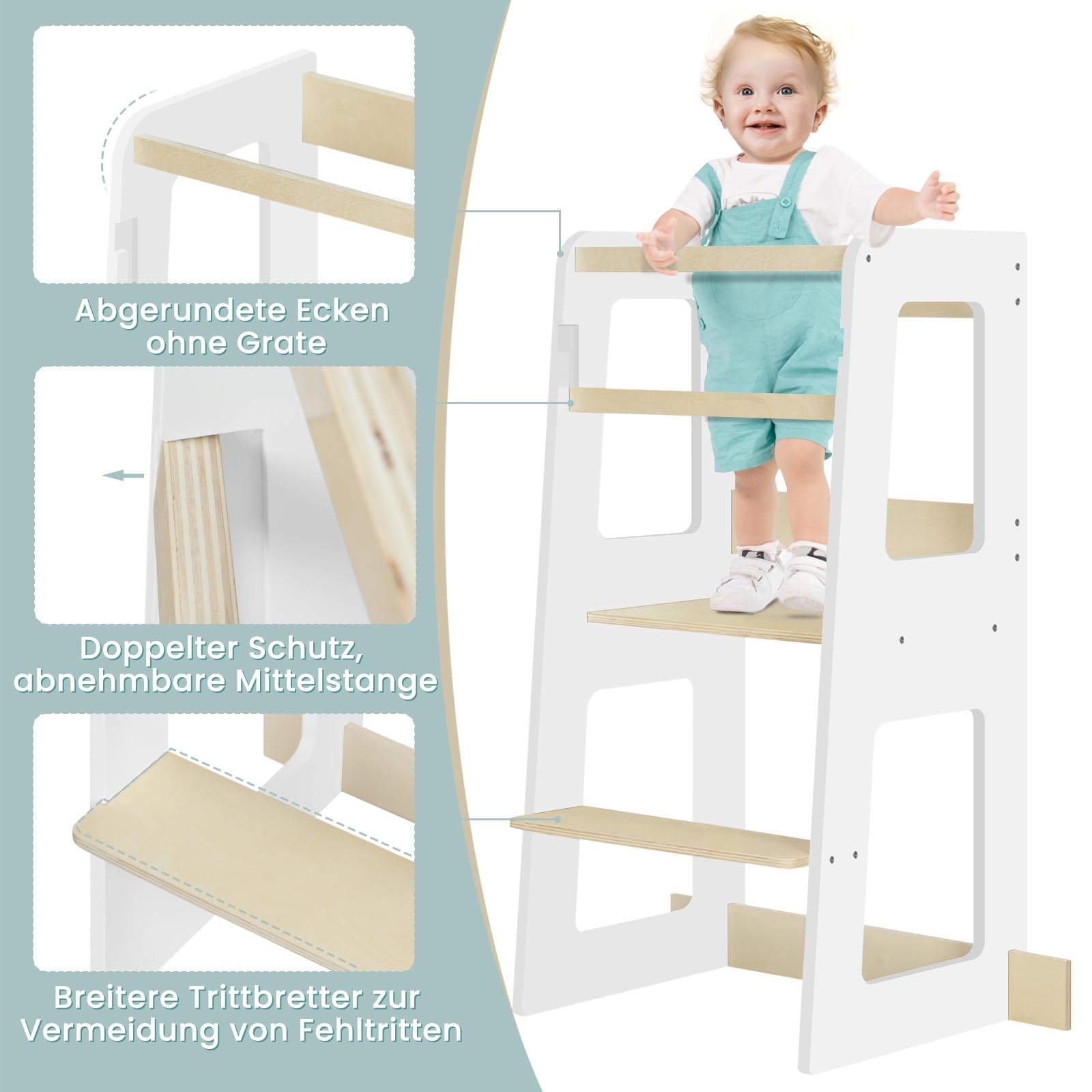 Tour d'apprentissage WOLTU Montessori - tour de cuisine pour les enfants à partir de 1 an - avec dispositif anti-chute - MDF et bois massif - blanc et couleur bois