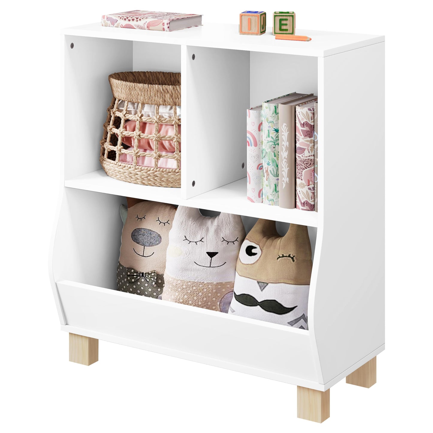 Bibliothèque pour enfants Lestarain Montessori - blanche - 3 compartiments - avec pieds en bois massif - 71,5 x 77 x 34,5 cm