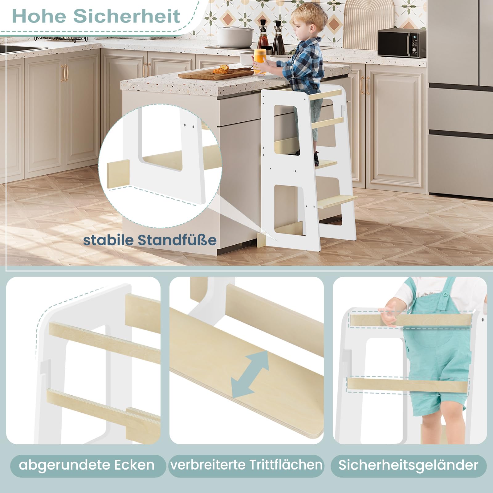 Tour d'apprentissage WOLTU Montessori - tour de cuisine pour les enfants à partir de 1 an - avec dispositif anti-chute - MDF et bois massif - blanc et couleur bois