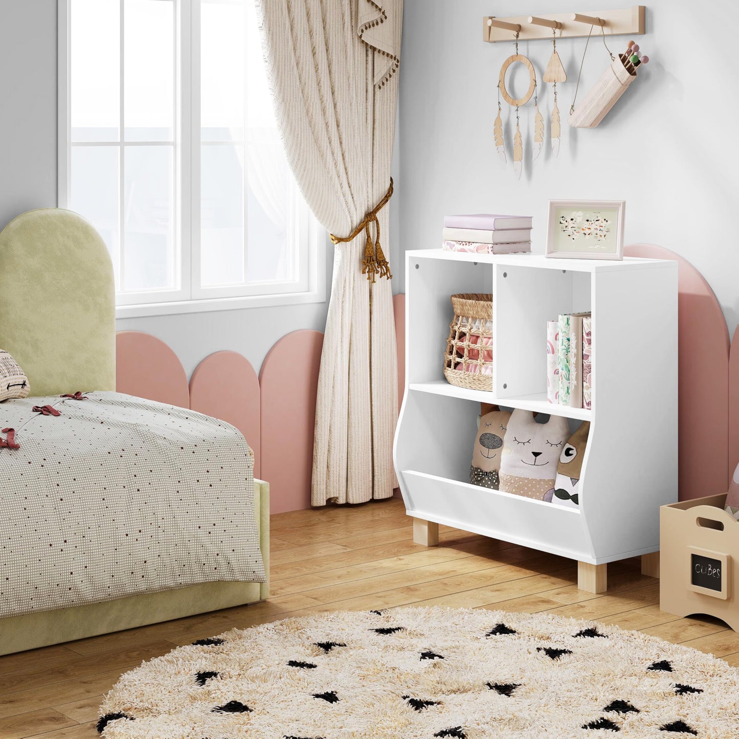 Bibliothèque pour enfants Lestarain Montessori - blanche - 3 compartiments - avec pieds en bois massif - 71,5 x 77 x 34,5 cm