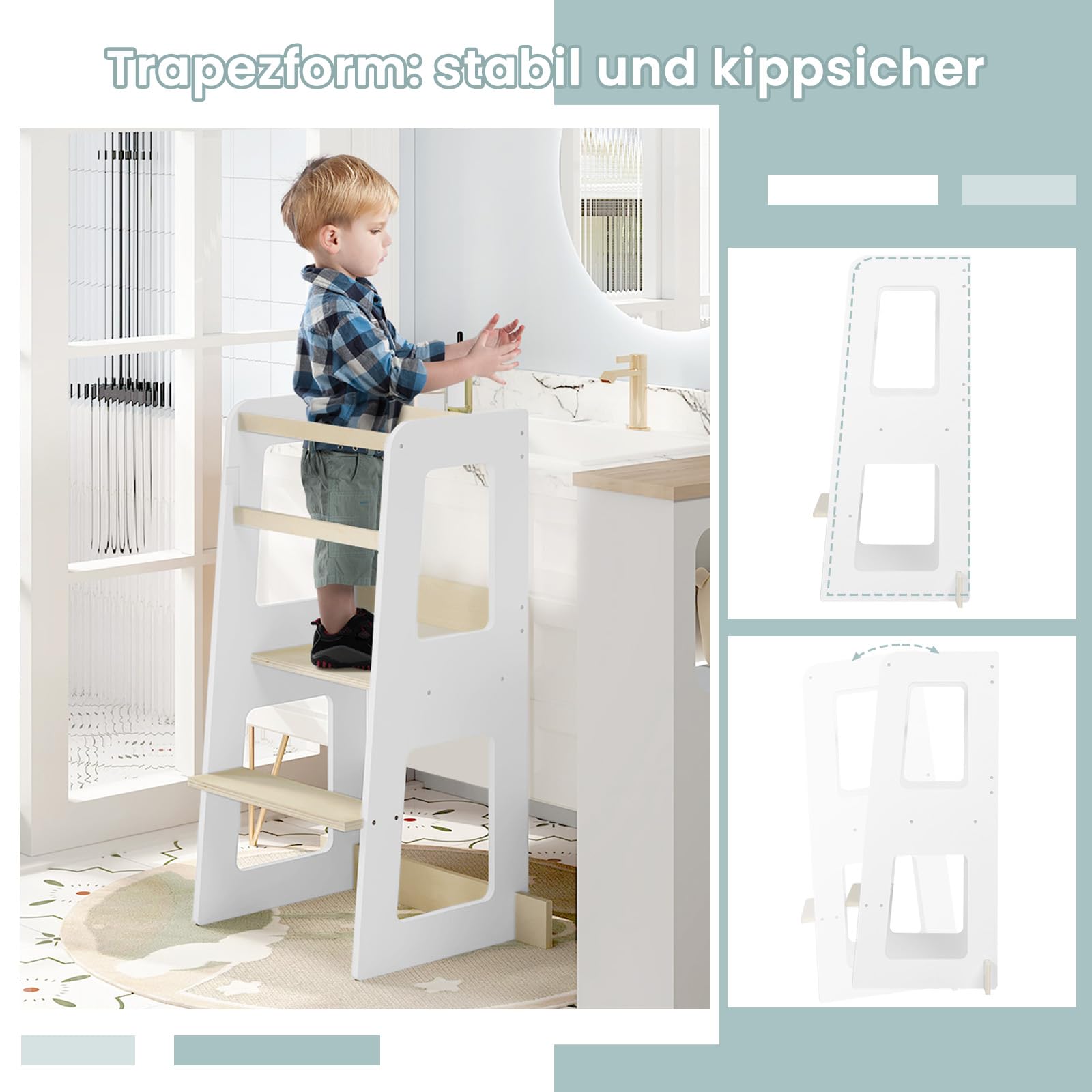 Tour d'apprentissage WOLTU Montessori - tour de cuisine pour les enfants à partir de 1 an - avec dispositif anti-chute - MDF et bois massif - blanc et couleur bois