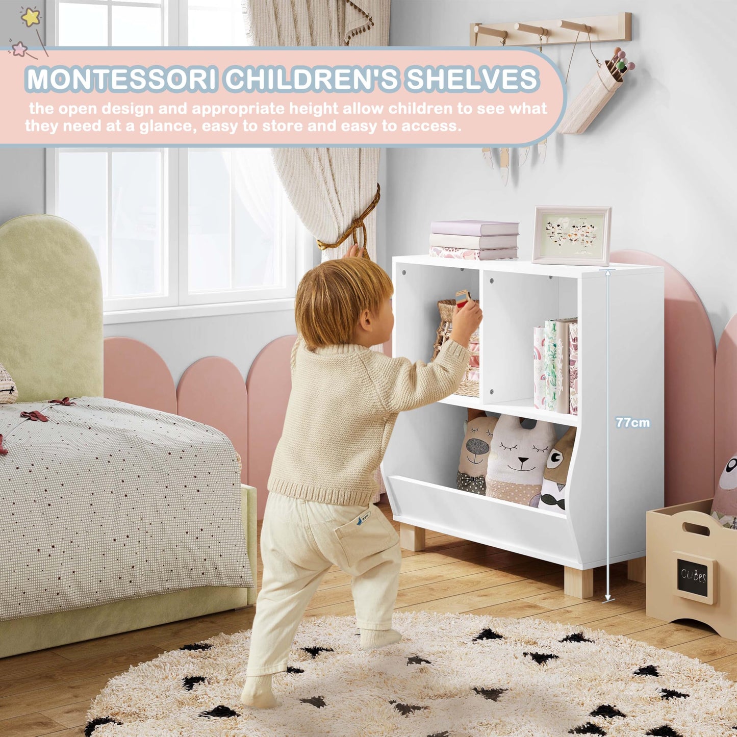 Bibliothèque pour enfants Lestarain Montessori - blanche - 3 compartiments - avec pieds en bois massif - 71,5 x 77 x 34,5 cm