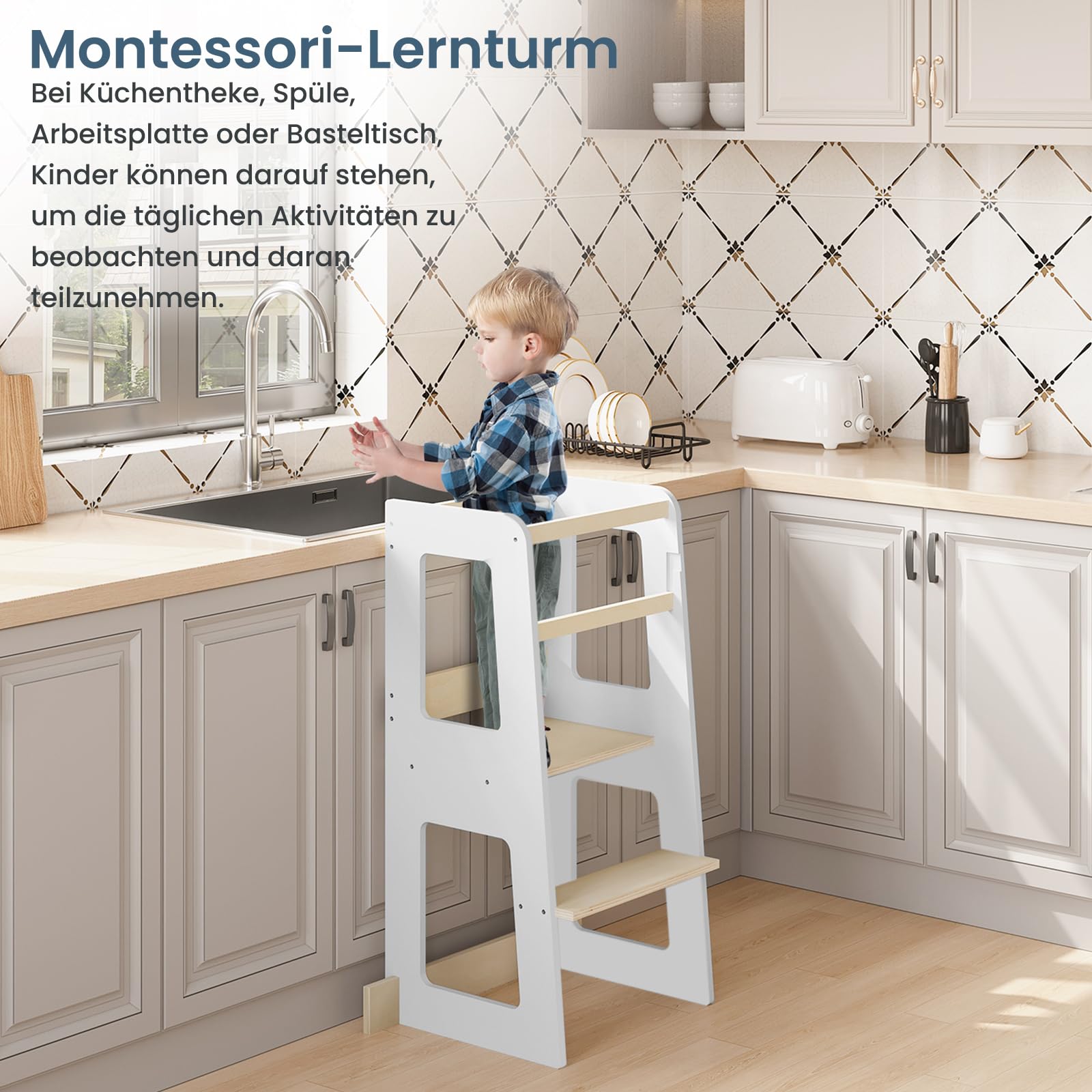 Tour d'apprentissage WOLTU Montessori - tour de cuisine pour les enfants à partir de 1 an - avec dispositif anti-chute - MDF et bois massif - blanc et couleur bois