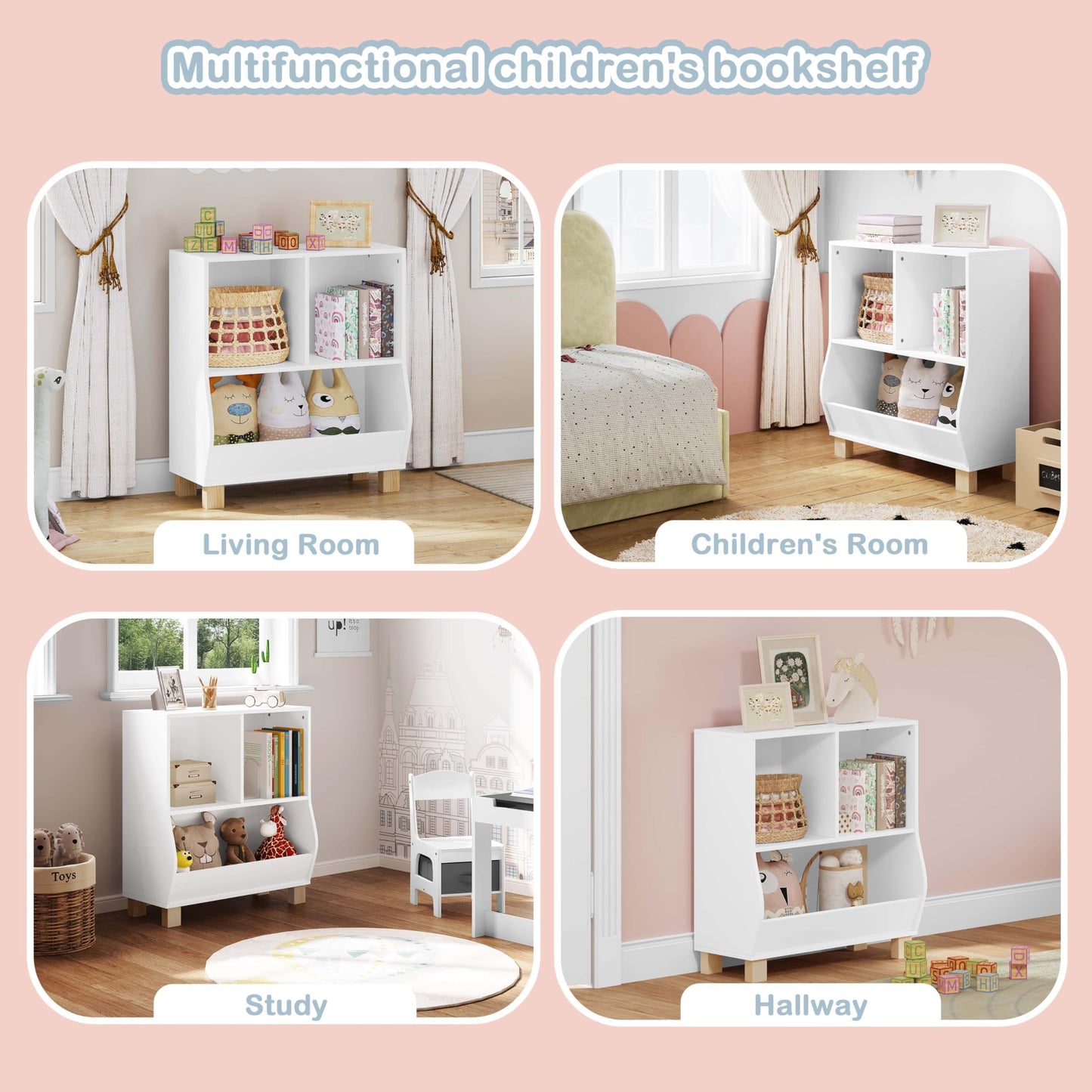 Bibliothèque pour enfants Lestarain Montessori - blanche - 3 compartiments - avec pieds en bois massif - 71,5 x 77 x 34,5 cm
