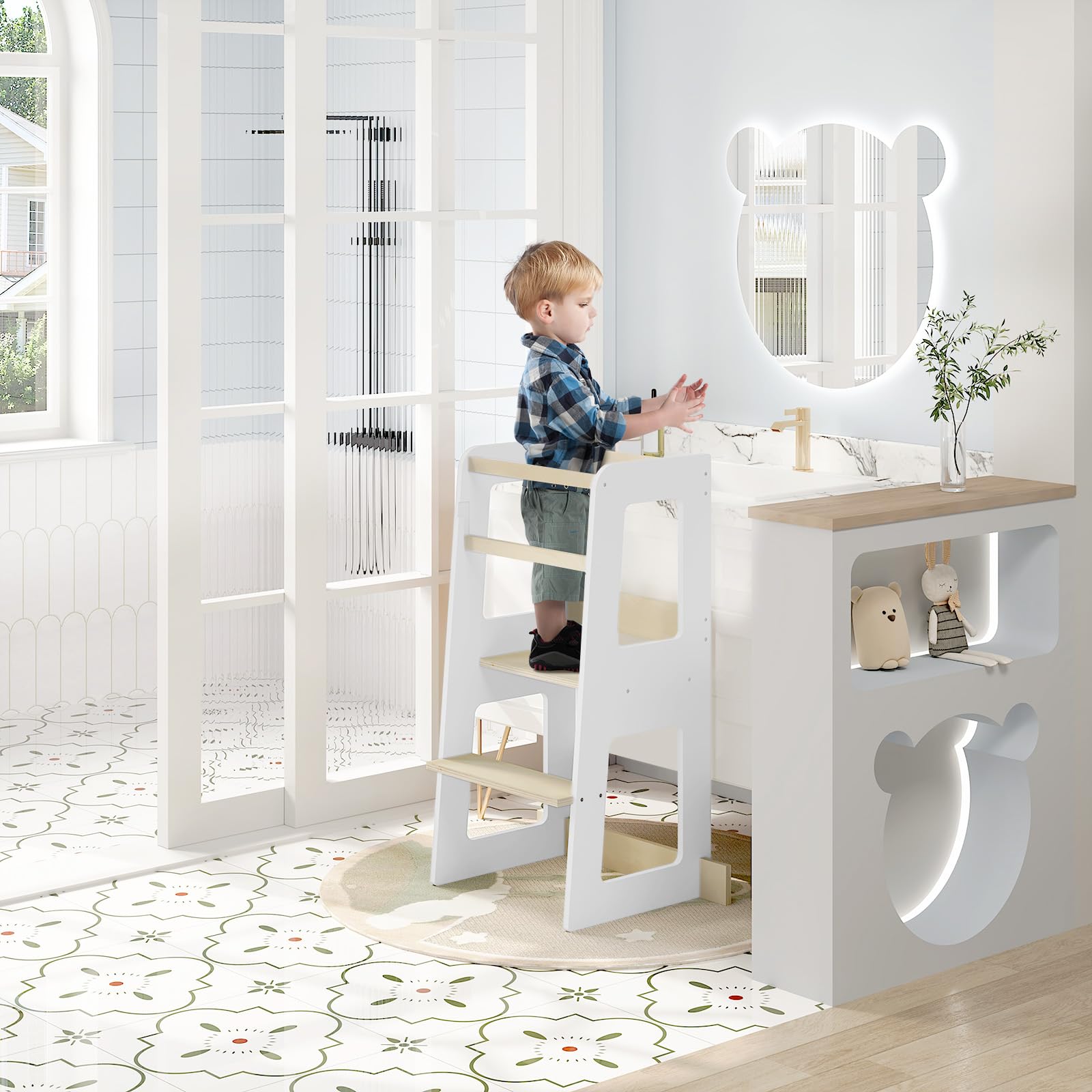 Tour d'apprentissage WOLTU Montessori - tour de cuisine pour les enfants à partir de 1 an - avec dispositif anti-chute - MDF et bois massif - blanc et couleur bois