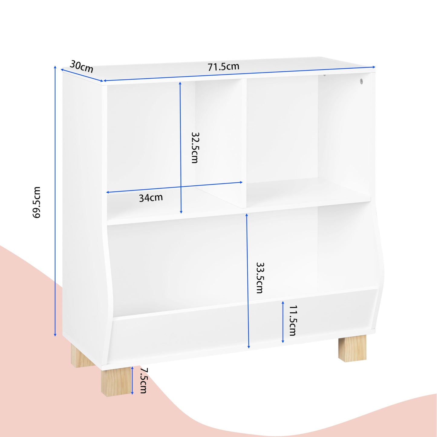 Bibliothèque pour enfants Lestarain Montessori - blanche - 3 compartiments - avec pieds en bois massif - 71,5 x 77 x 34,5 cm