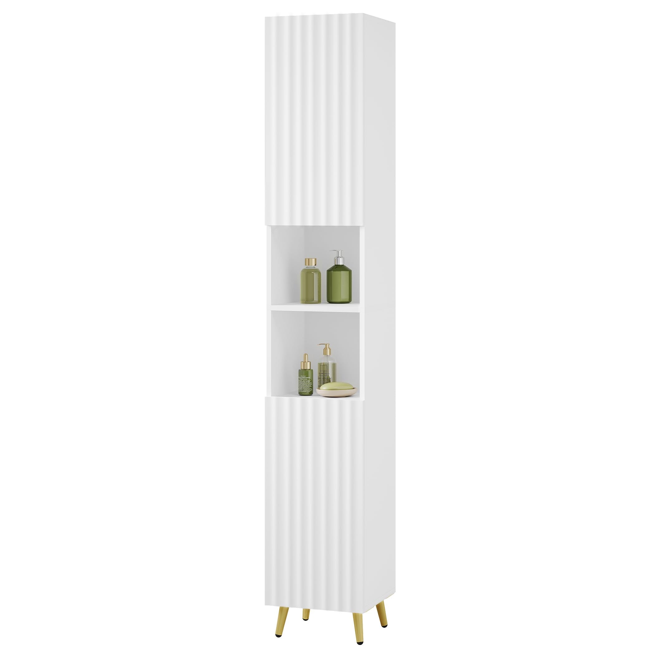 ESituro Meuble de salle de bains haut - 2 portes et 2 compartiments ouverts - étagères réglables - blanc brillant - 30 x 180 x 28 cm