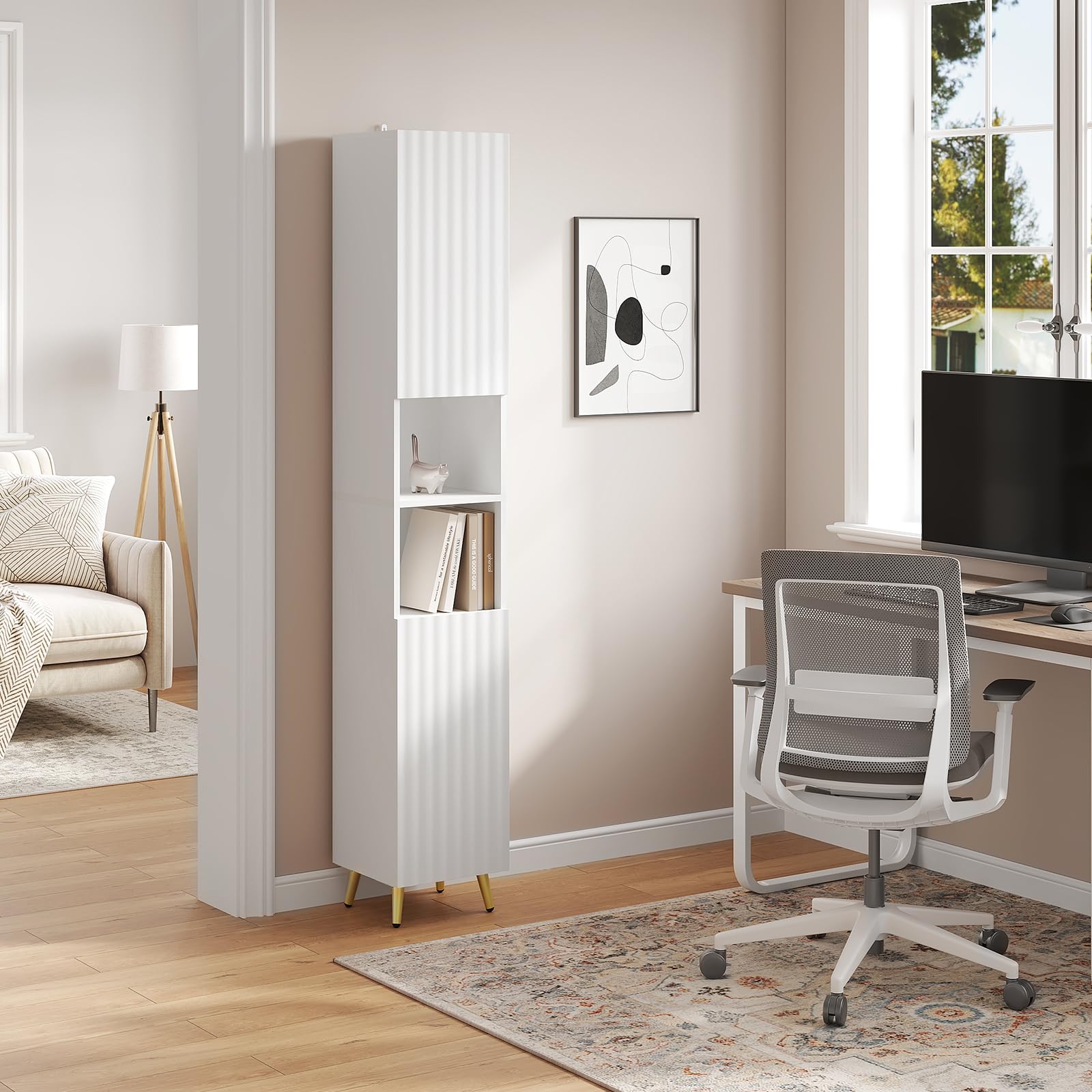 ESituro Meuble de salle de bains haut - 2 portes et 2 compartiments ouverts - étagères réglables - blanc brillant - 30 x 180 x 28 cm