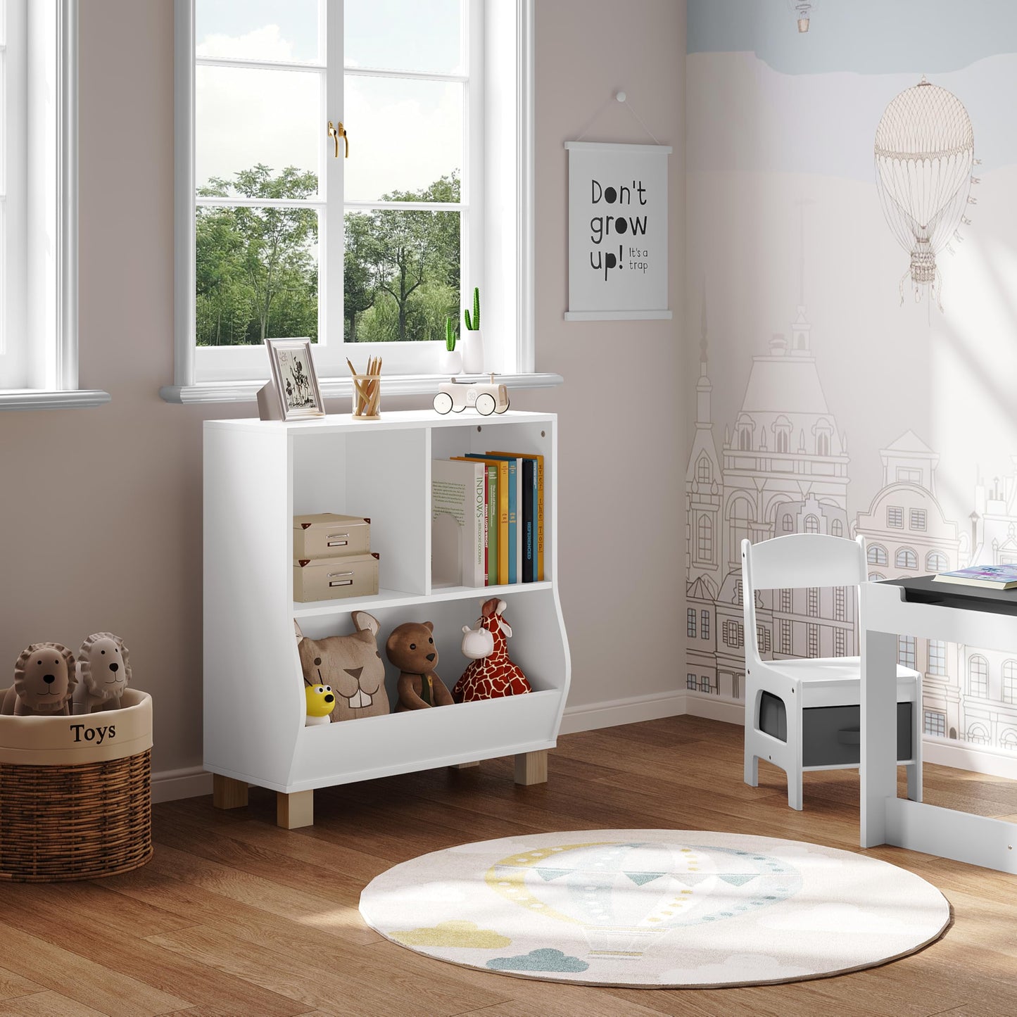 Bibliothèque pour enfants Lestarain Montessori - blanche - 3 compartiments - avec pieds en bois massif - 71,5 x 77 x 34,5 cm
