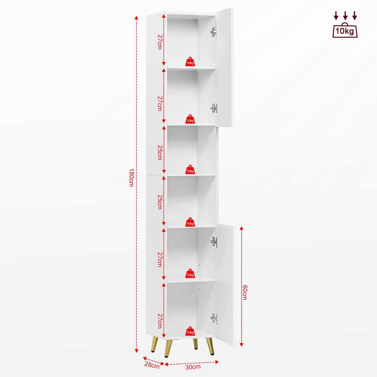 ESituro Meuble de salle de bains haut - 2 portes et 2 compartiments ouverts - étagères réglables - blanc brillant - 30 x 180 x 28 cm
