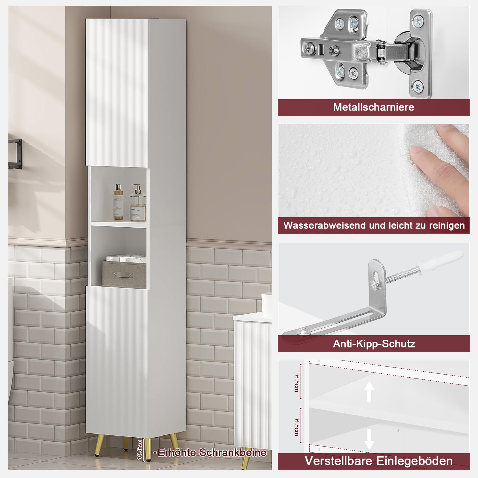 ESituro Meuble de salle de bains haut - 2 portes et 2 compartiments ouverts - étagères réglables - blanc brillant - 30 x 180 x 28 cm