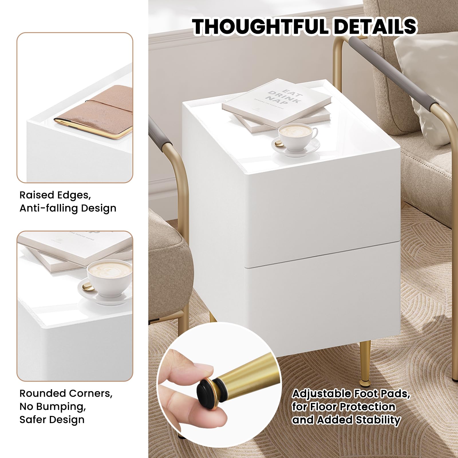 Table de chevet WOLTU NTS10ws03 - 2 tiroirs - blanc brillant et doré - 35 x 40 x 51 cm - bois, PVC et métal