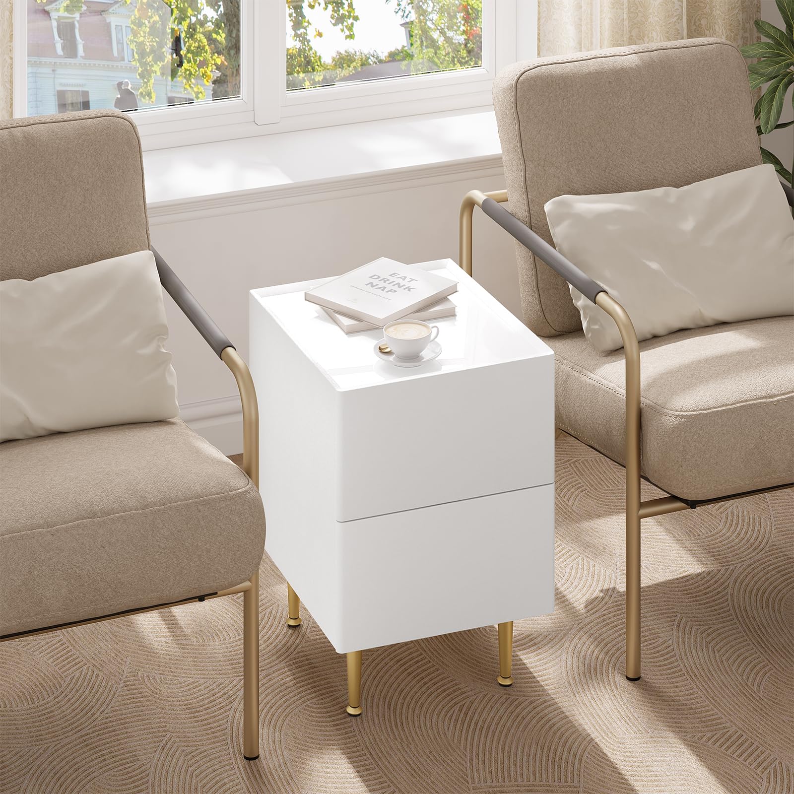 Table de chevet WOLTU NTS10ws03 - 2 tiroirs - blanc brillant et doré - 35 x 40 x 51 cm - bois, PVC et métal