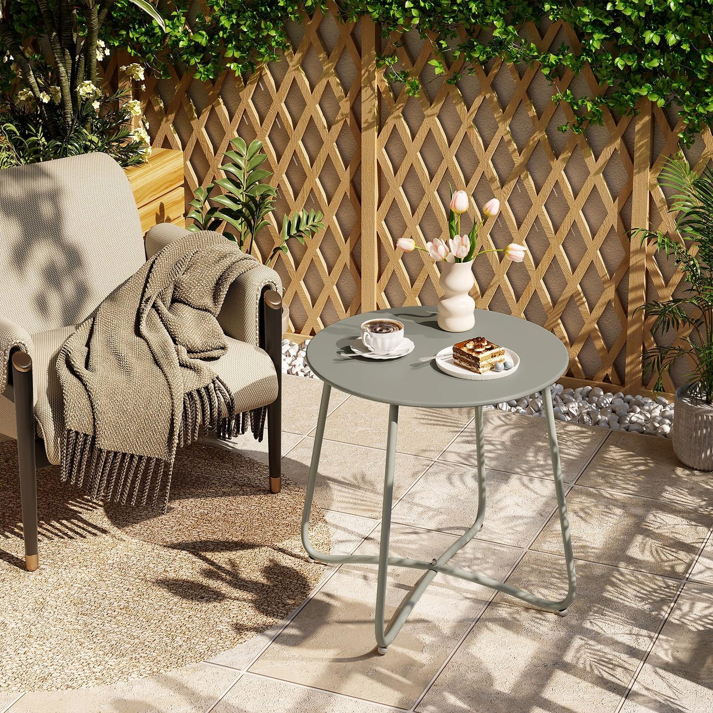 Table d'appoint ronde eSituro - table de balcon et de jardin en métal - grise - diamètre 45 cm - patins réglables