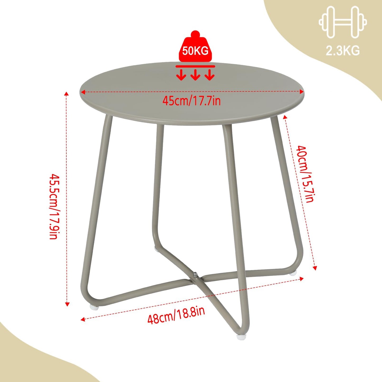 Table d'appoint ronde eSituro - table de balcon et de jardin en métal - grise - diamètre 45 cm - patins réglables
