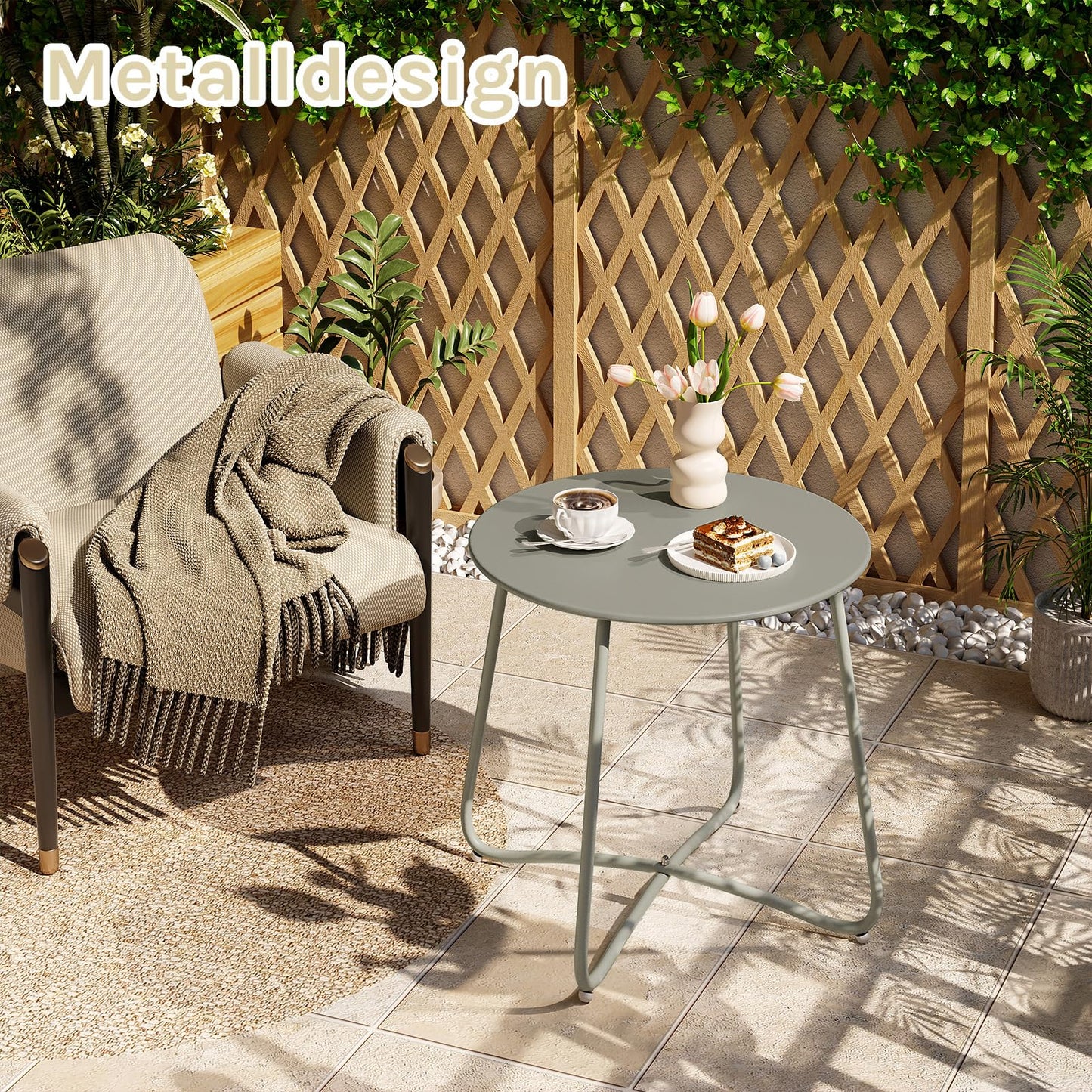 Table d'appoint ronde eSituro - table de balcon et de jardin en métal - grise - diamètre 45 cm - patins réglables