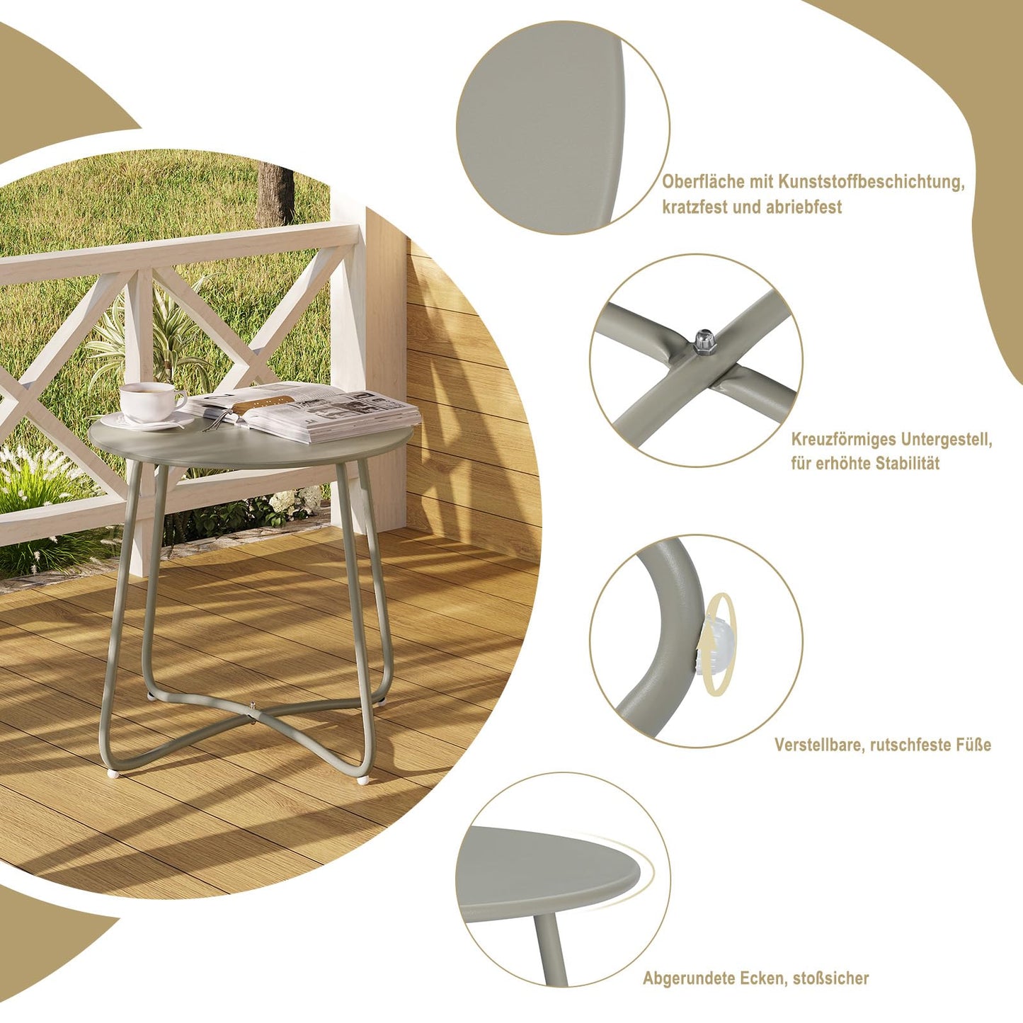 Table d'appoint ronde eSituro - table de balcon et de jardin en métal - grise - diamètre 45 cm - patins réglables