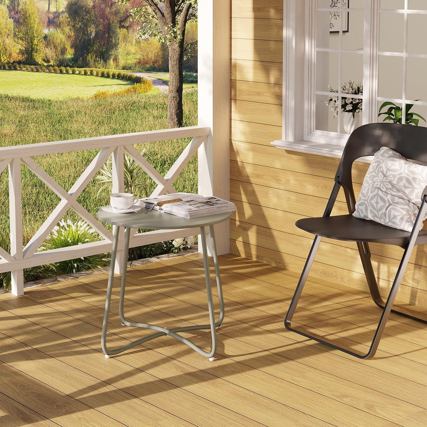 Table d'appoint ronde eSituro - table de balcon et de jardin en métal - grise - diamètre 45 cm - patins réglables