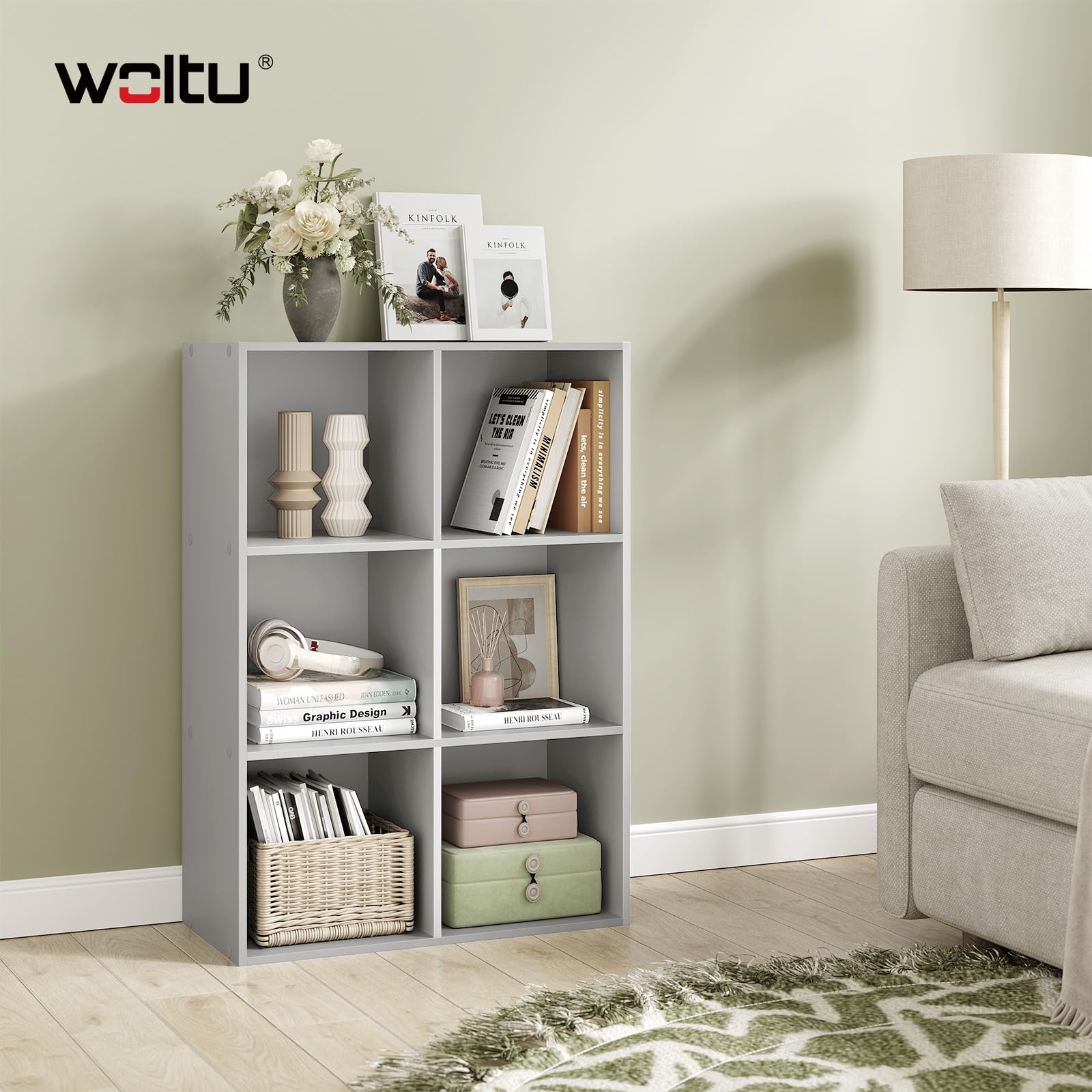 Bibliothèque WOLTU - étagère cubique - 6 compartiments - gris - 60 x 89 x 29 cm