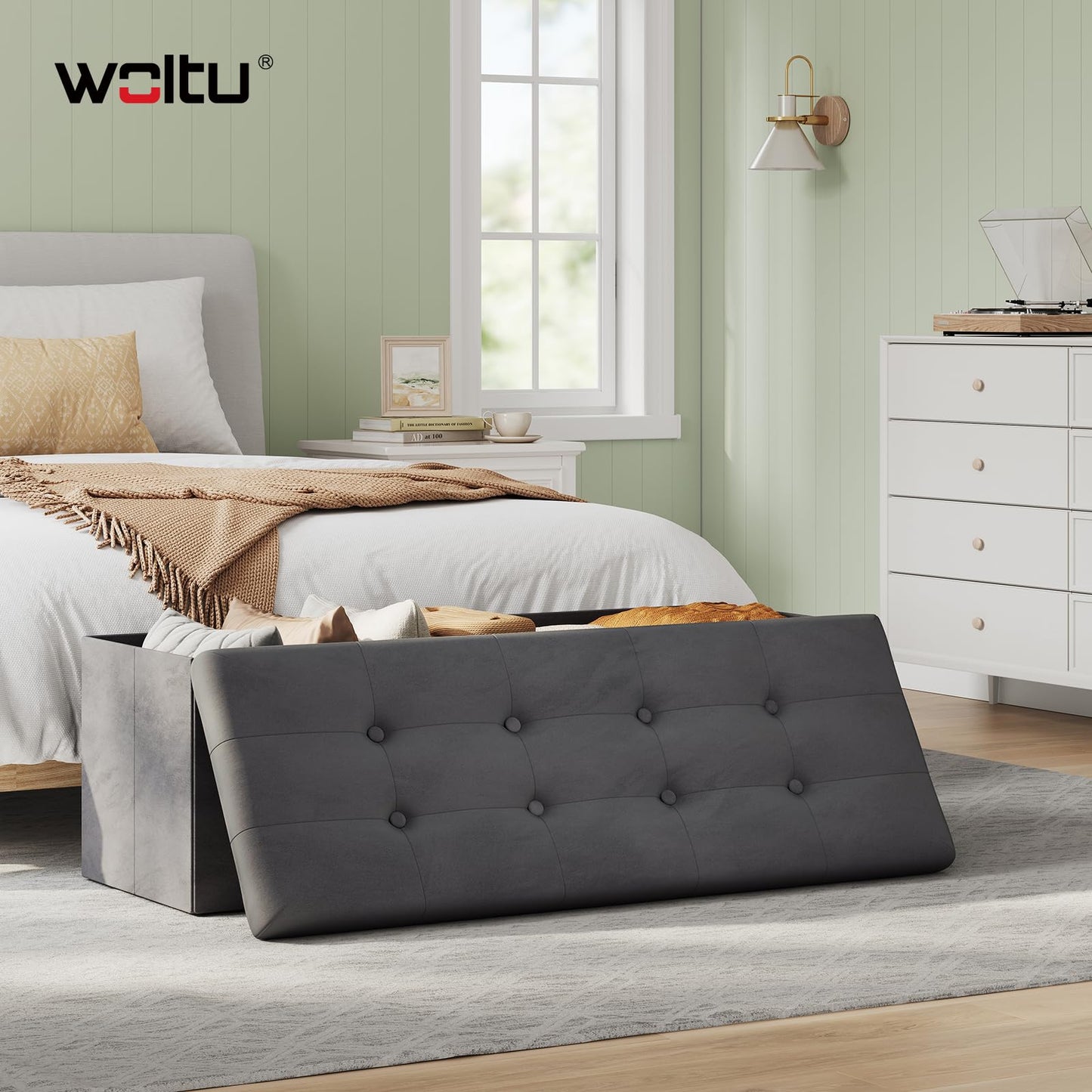 Banc de rangement WOLTU - 110 cm - 118 L de capacité de rangement - pliable - gris velours - capacité de charge 300 kg