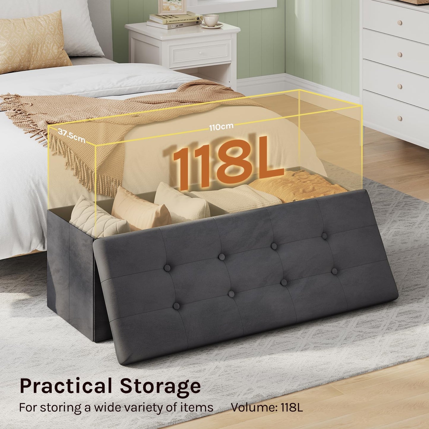 Banc de rangement WOLTU - 110 cm - 118 L de capacité de rangement - pliable - gris velours - capacité de charge 300 kg