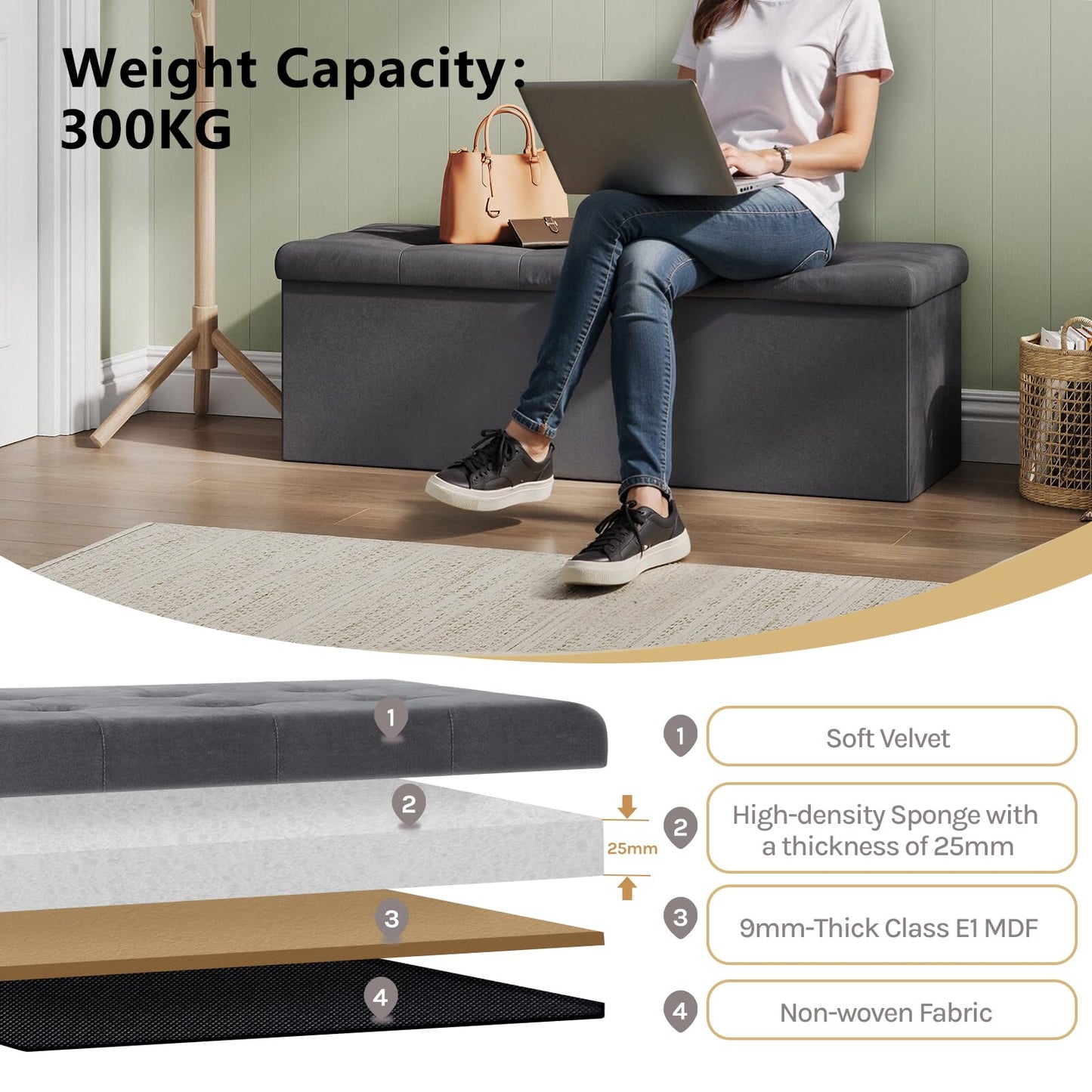 Banc de rangement WOLTU - 110 cm - 118 L de capacité de rangement - pliable - gris velours - capacité de charge 300 kg