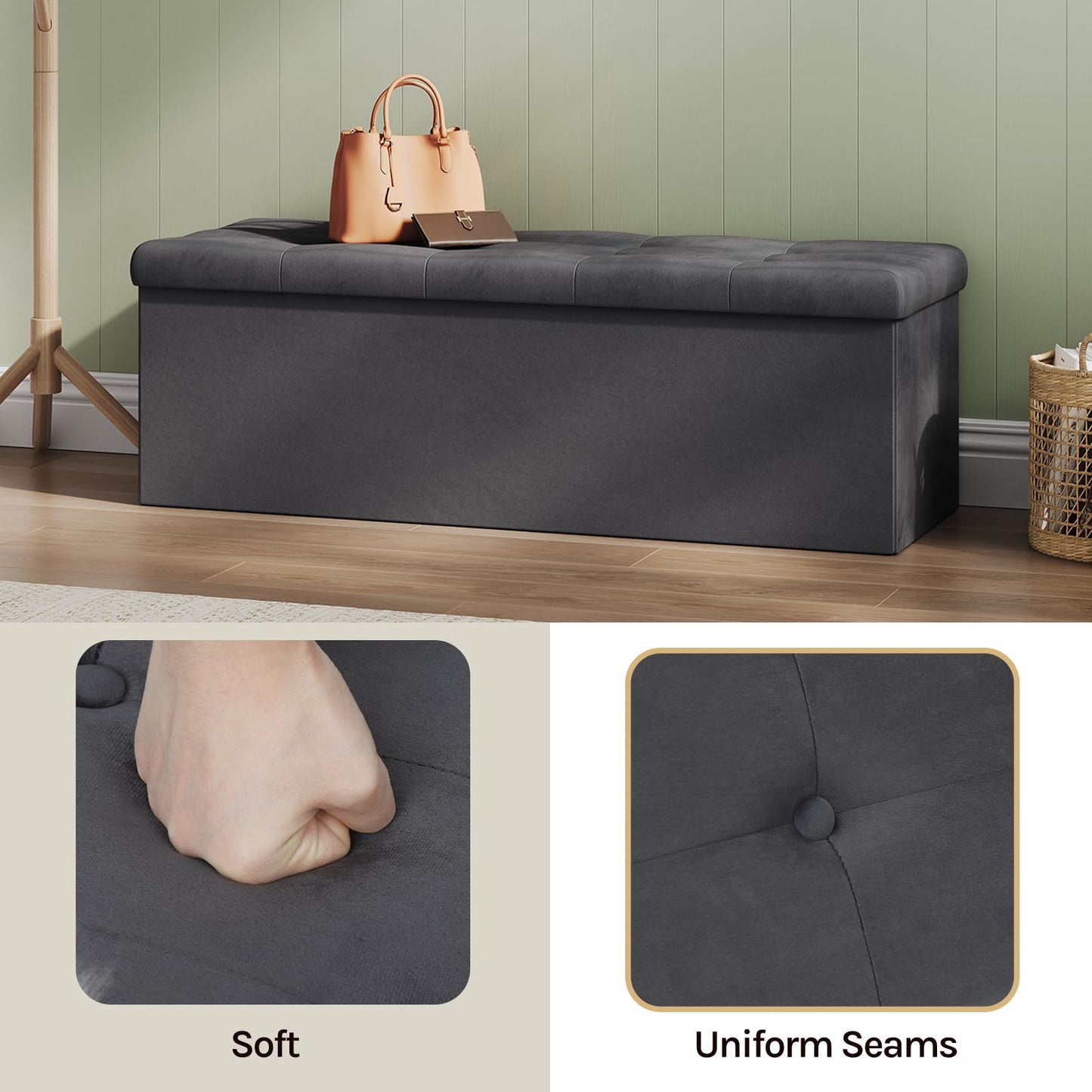 Banc de rangement WOLTU - 110 cm - 118 L de capacité de rangement - pliable - gris velours - capacité de charge 300 kg