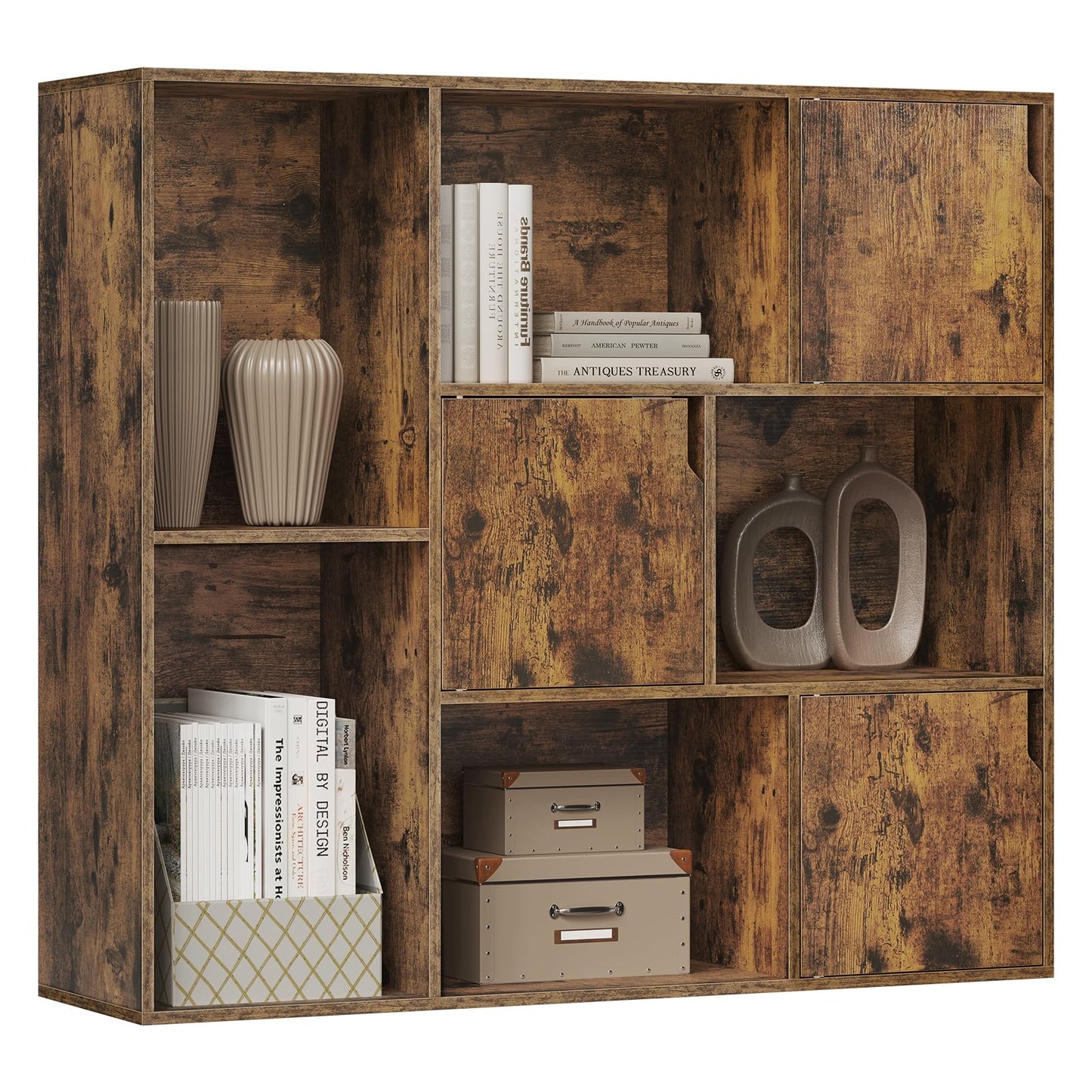 Bibliothèque WOLTU SK056vbn - 8 compartiments - 3 portes - 106 x 96 x 30 cm - marron rustique