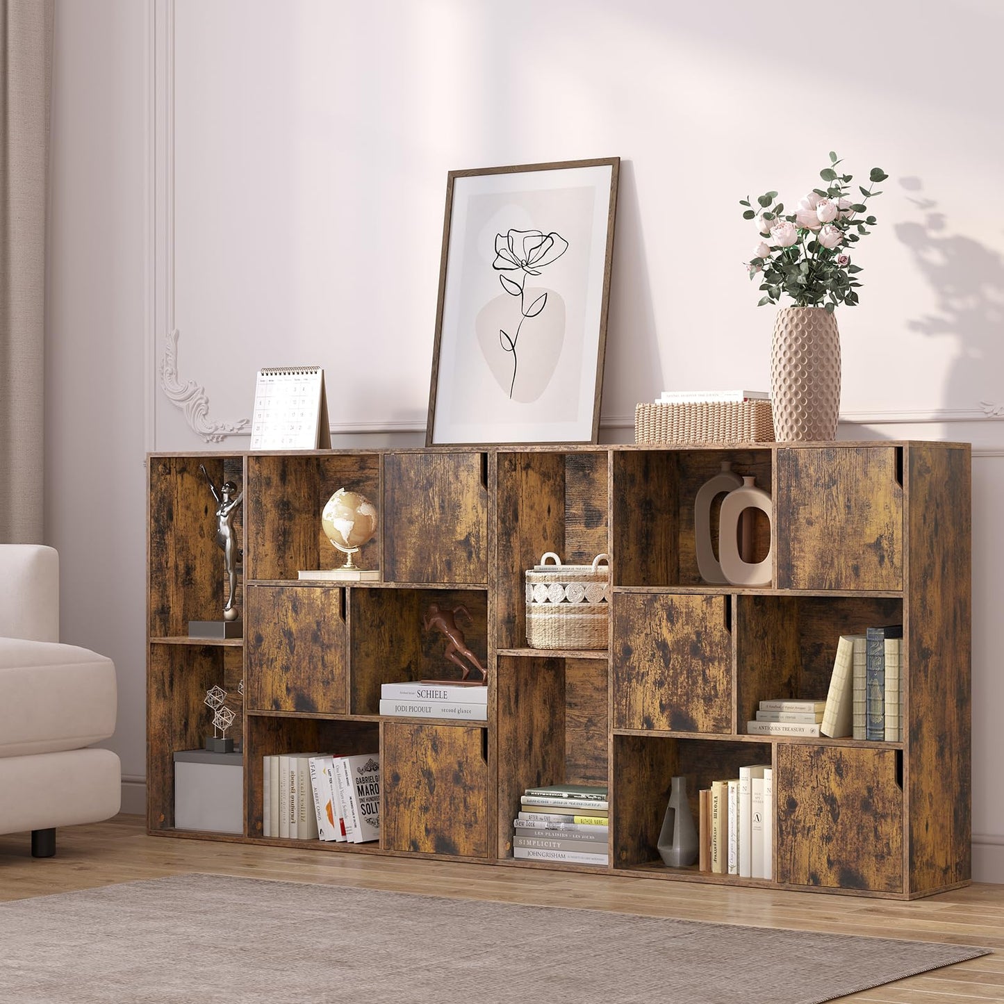 Bibliothèque WOLTU SK056vbn - 8 compartiments - 3 portes - 106 x 96 x 30 cm - marron rustique
