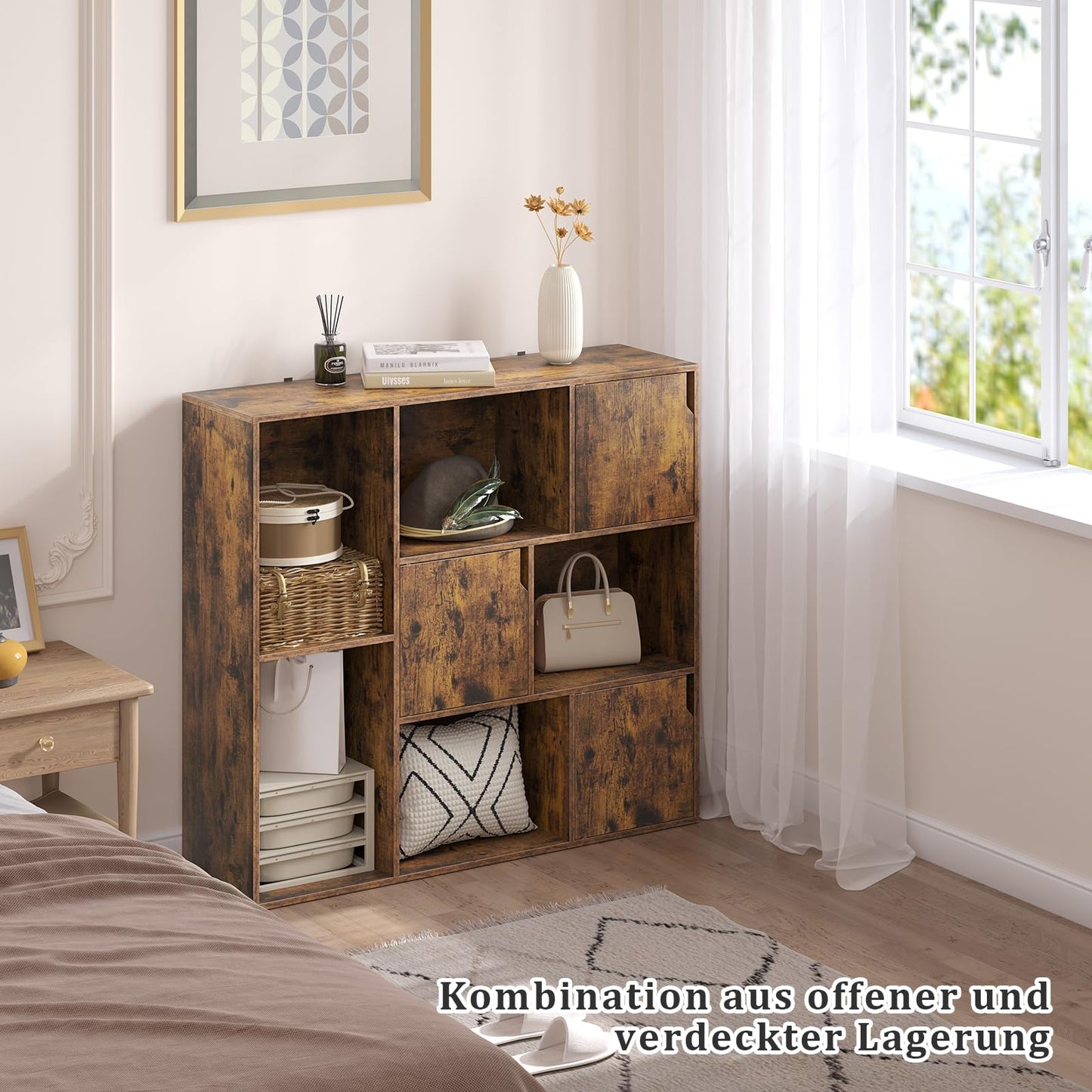 Bibliothèque WOLTU SK056vbn - 8 compartiments - 3 portes - 106 x 96 x 30 cm - marron rustique