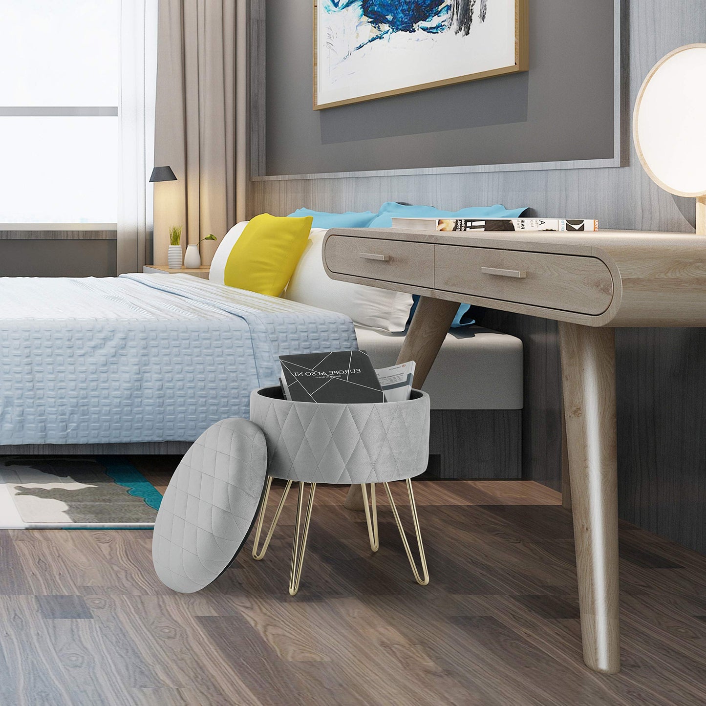 Pouf de rangement WOLTU - pouf en velours avec espace de rangement - pieds en métal doré - 31,5 x 31,5 x 36 cm - gris clair