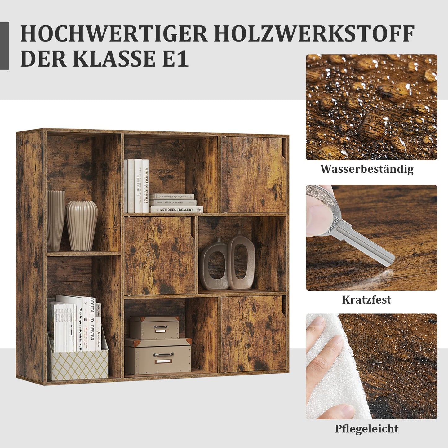 Bibliothèque WOLTU SK056vbn - 8 compartiments - 3 portes - 106 x 96 x 30 cm - marron rustique