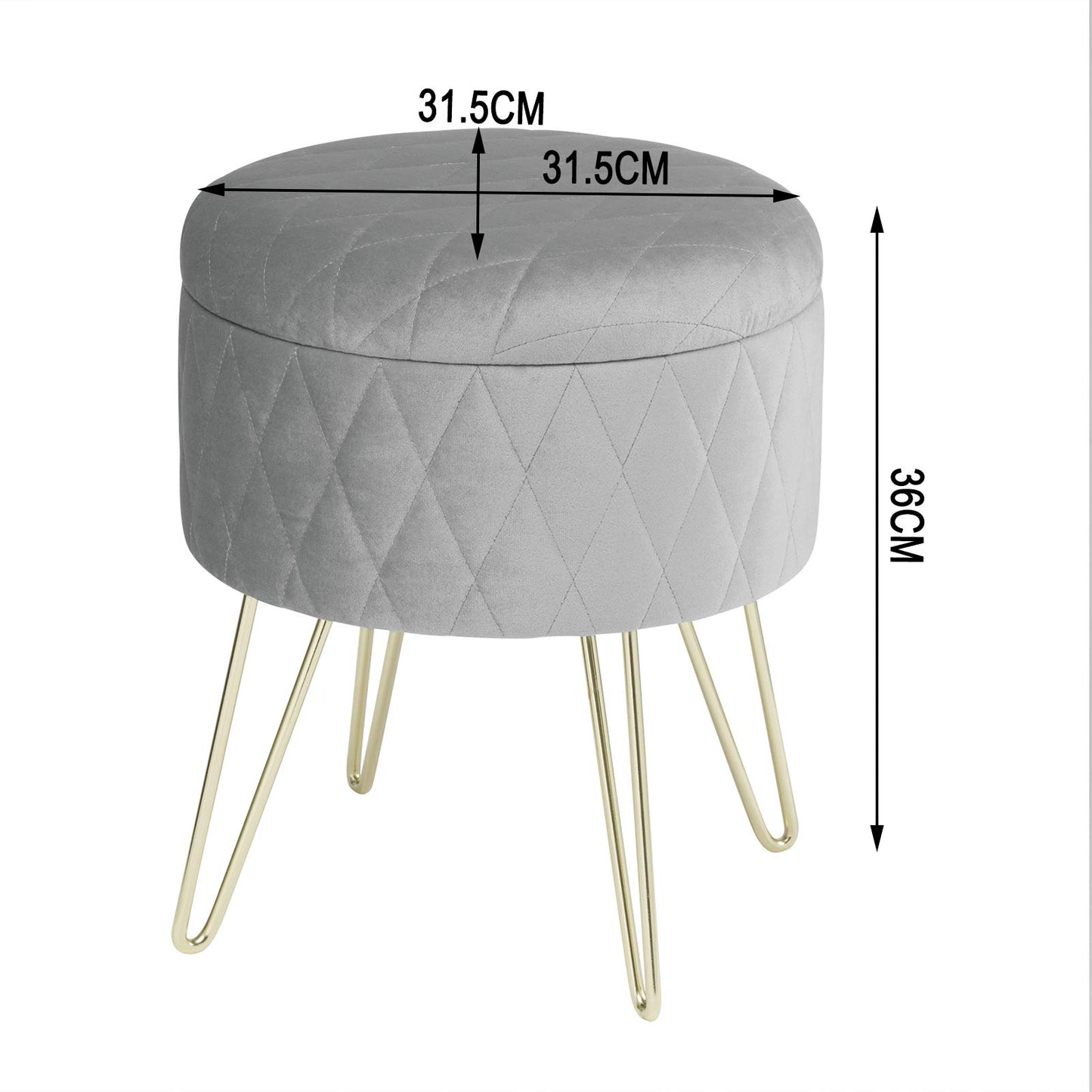 Pouf de rangement WOLTU - pouf en velours avec espace de rangement - pieds en métal doré - 31,5 x 31,5 x 36 cm - gris clair