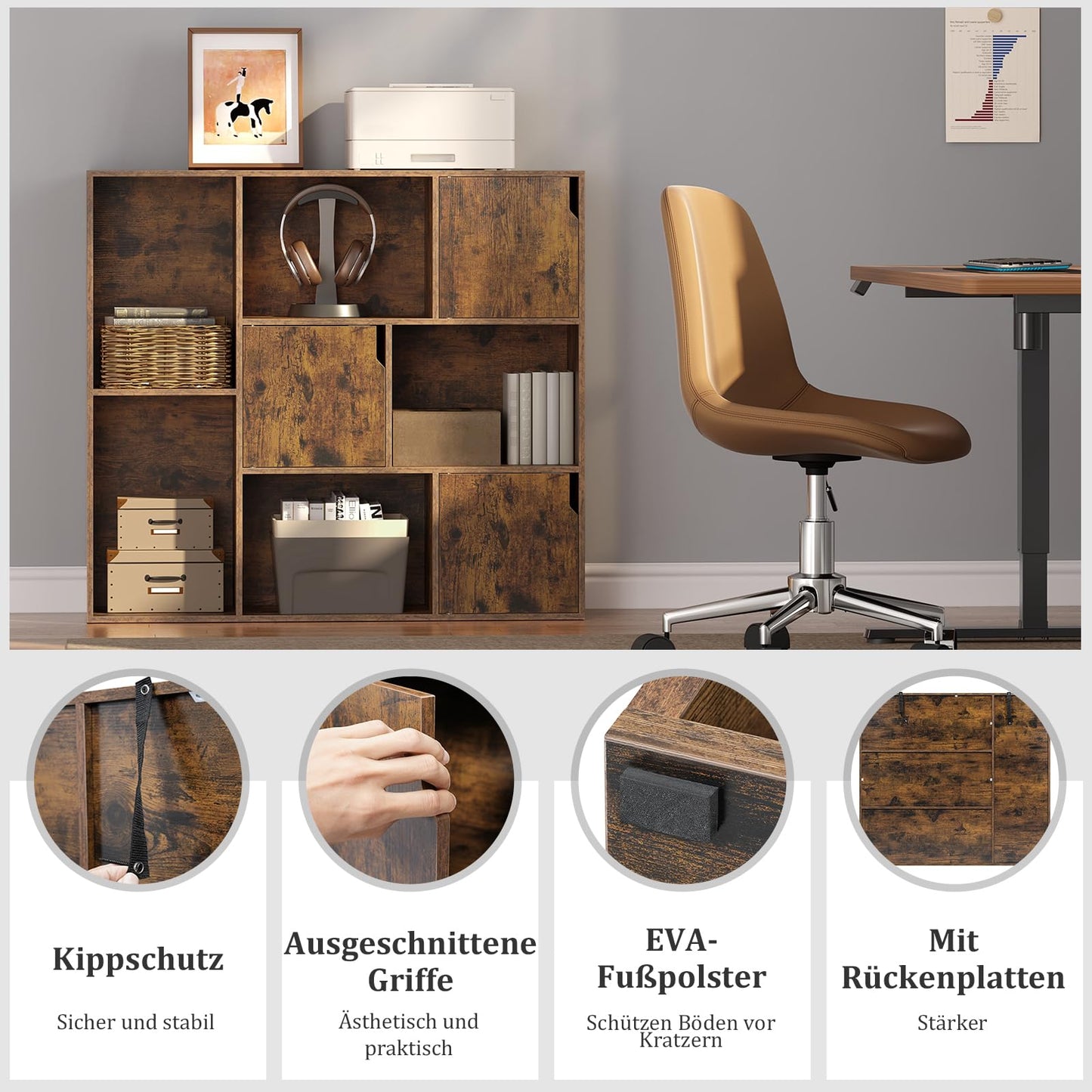 Bibliothèque WOLTU SK056vbn - 8 compartiments - 3 portes - 106 x 96 x 30 cm - marron rustique