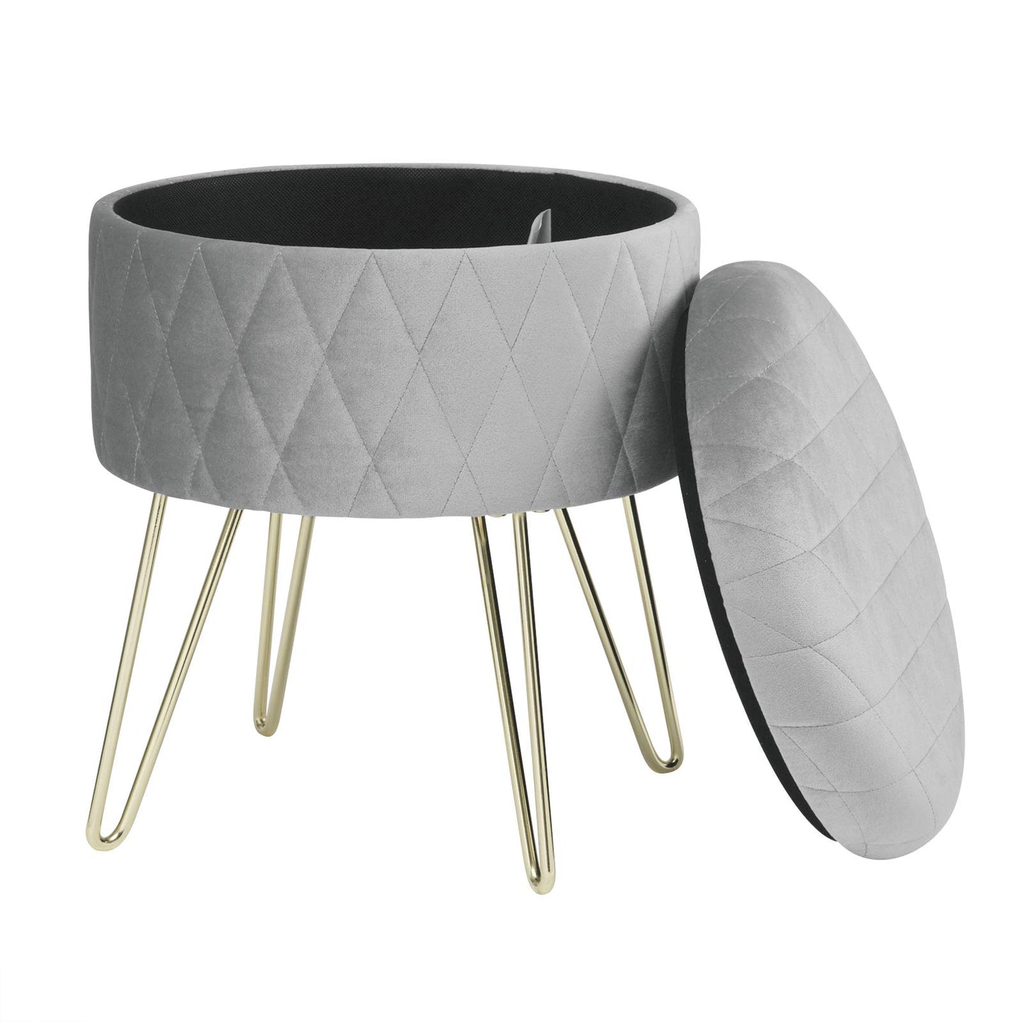 Pouf de rangement WOLTU - pouf en velours avec espace de rangement - pieds en métal doré - 31,5 x 31,5 x 36 cm - gris clair