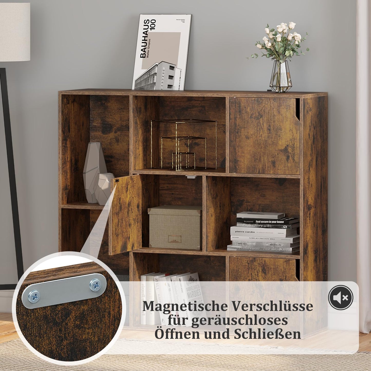 Bibliothèque WOLTU SK056vbn - 8 compartiments - 3 portes - 106 x 96 x 30 cm - marron rustique