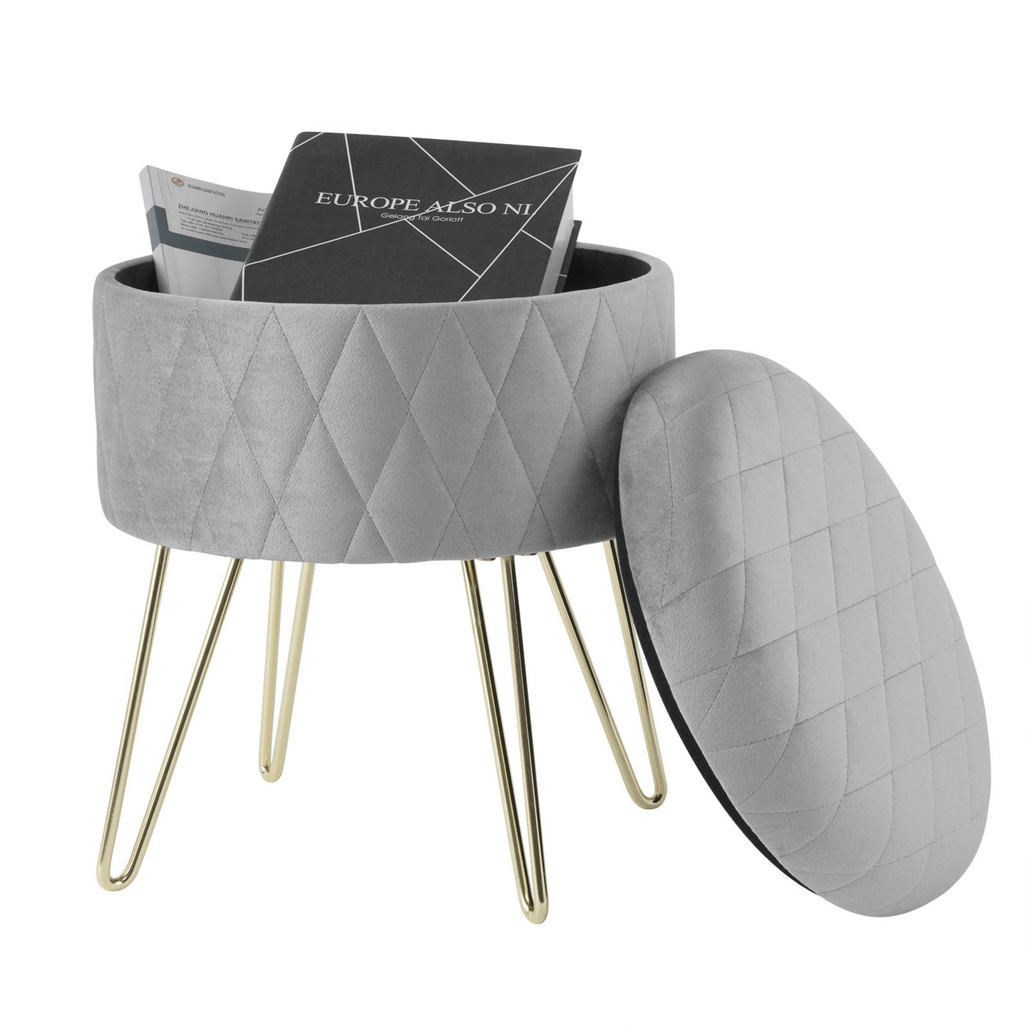 Pouf de rangement WOLTU - pouf en velours avec espace de rangement - pieds en métal doré - 31,5 x 31,5 x 36 cm - gris clair