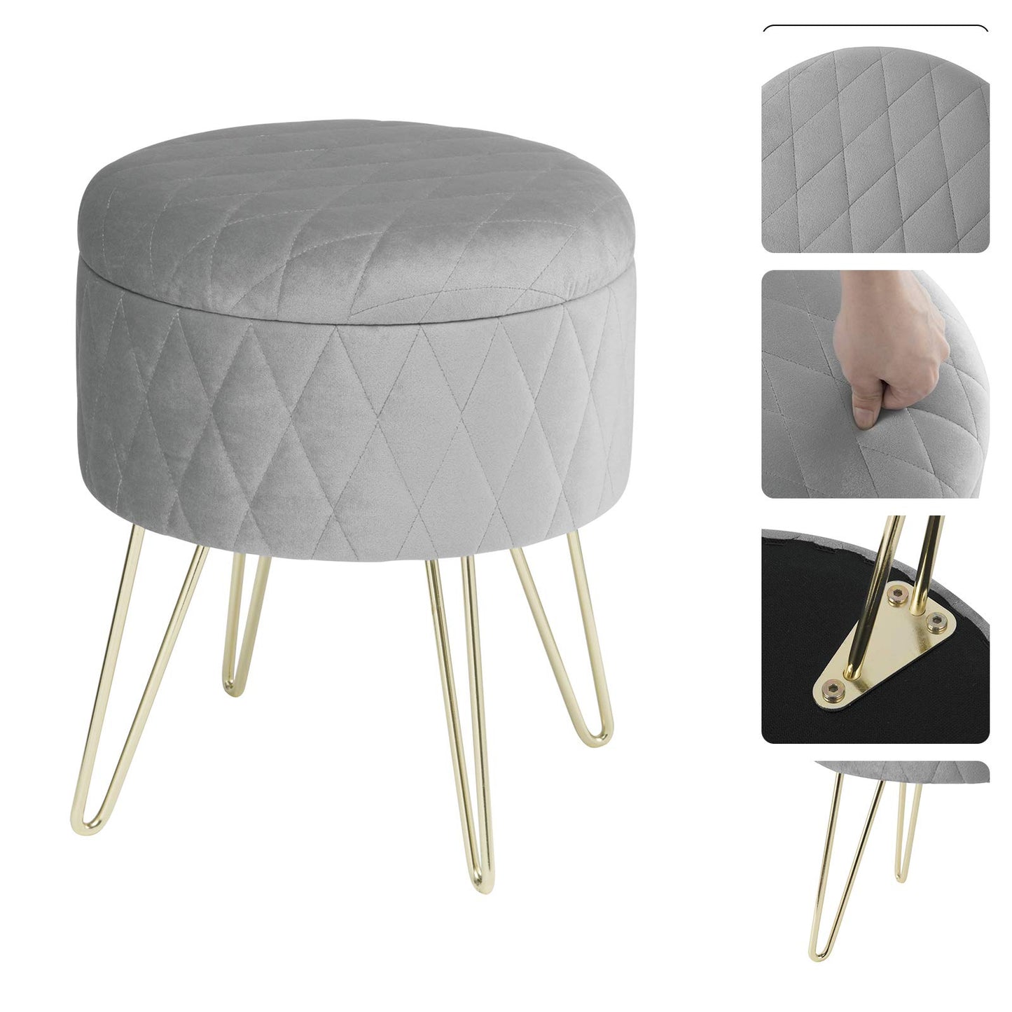 Pouf de rangement WOLTU - pouf en velours avec espace de rangement - pieds en métal doré - 31,5 x 31,5 x 36 cm - gris clair