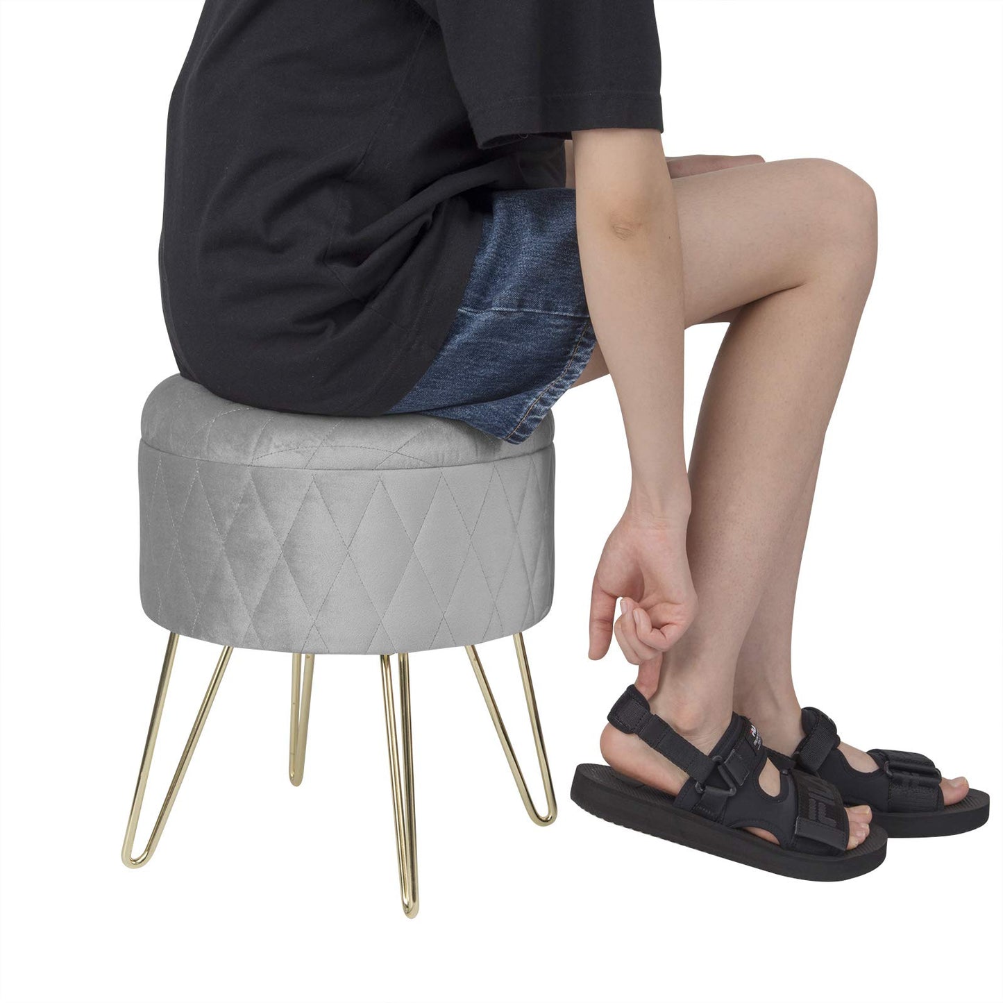 Pouf de rangement WOLTU - pouf en velours avec espace de rangement - pieds en métal doré - 31,5 x 31,5 x 36 cm - gris clair