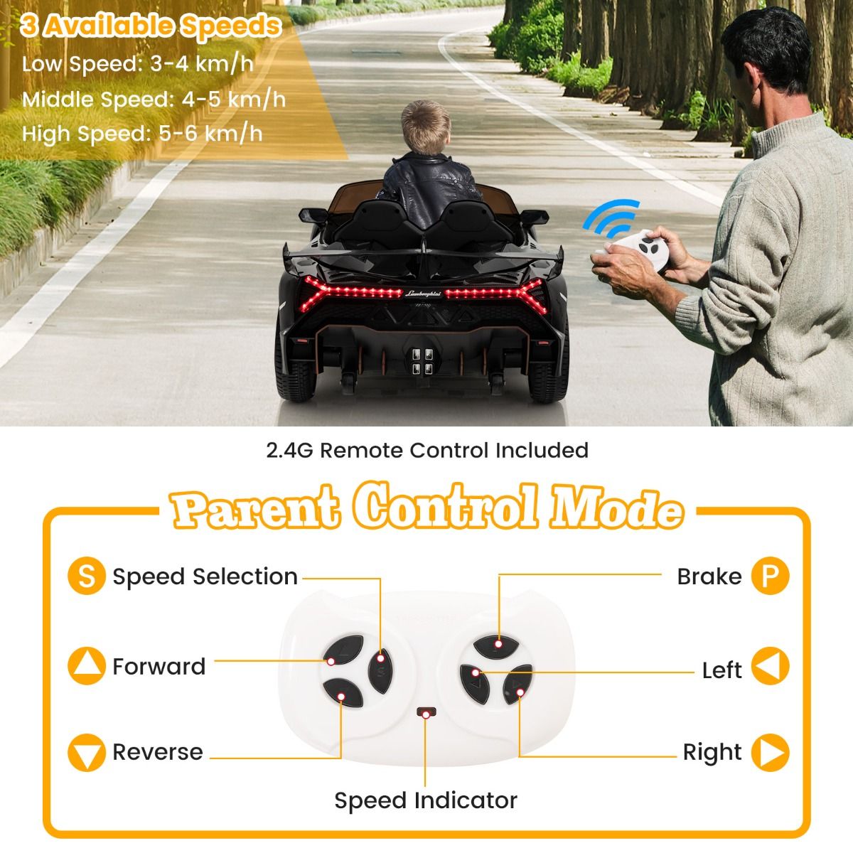 Coast Lamborghini Licensed Electric Car - Batterie 12V - Télécommande - 3 Vitesses - Portes hydrauliques - Noir