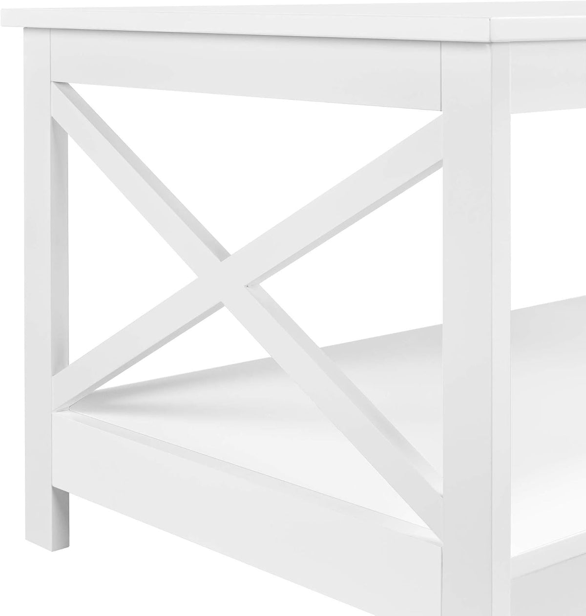 Table basse avec 2 étagères et structure en X, 100 × 50 × 45 cm, blanche
