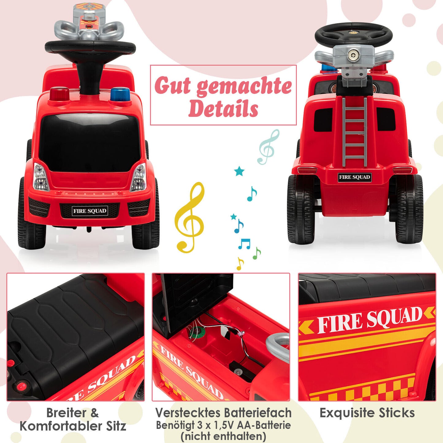 Véhicule de pompiers Coast pour enfants avec pistolet à bulles pour les enfants de 18 à 36 mois rouge