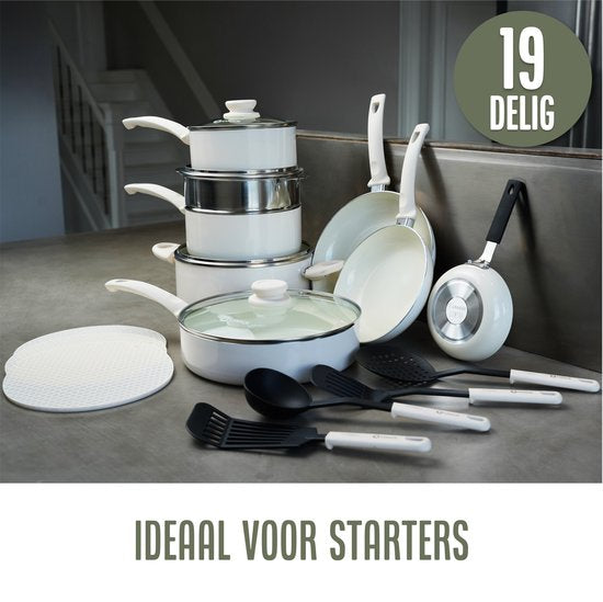 COOCK Batterie de cuisine à induction 19 pièces - Revêtement spécial antiadhésif - Poignées ergonomiques à froid - Aluminium recyclé - Ensemble de poêles à frire - Ensemble de casseroles - Blanc - Sous-verres et livre électronique inclus