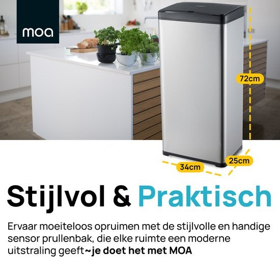 MOA Sensor Waste Bin - 50 litres - acier inoxydable & ABS durable - Antidérapant - Couvercle silencieux - Mode de fermeture différée - Inox - SB02S