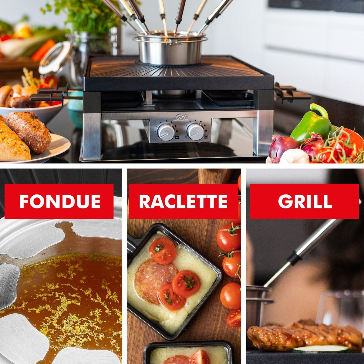 Grill multifonction Solis 796, 3 en 1 Fondue, Raclette et Pierrade, 8 personnes, Argent/Noir