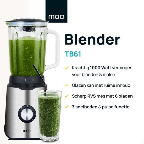 MOA - Mixeur puissant - Avec pot en verre - 1,5 litre - 1000 Watt - TB61 - Acier inoxydable