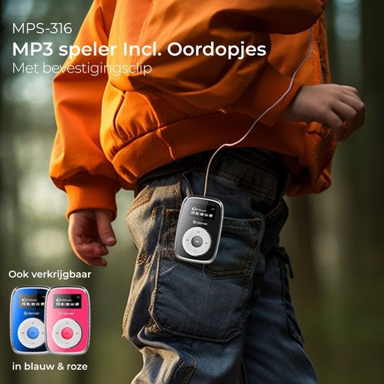 Lecteur MP3 Denver avec écouteurs - 32 Go - mode aléatoire - enfants et adultes - clip de fixation - AUX - MicroSD - MPS316 - noir